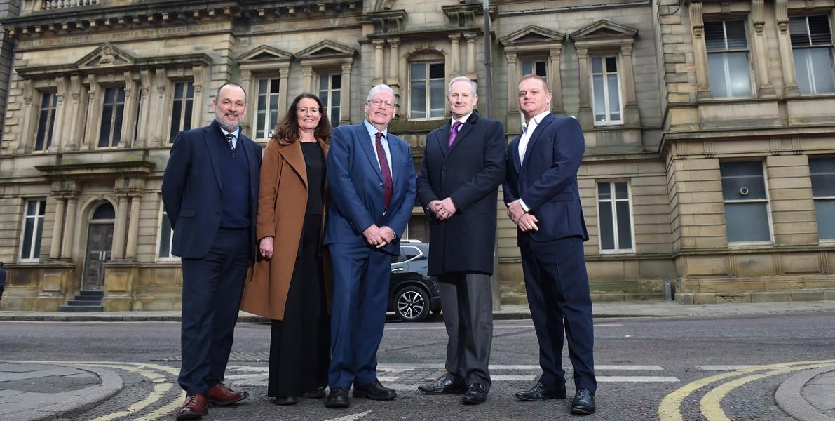 Preston City Council, Maple Grove Developments and W_rkspace representatives outside Amounderness House