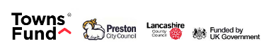 Illuminate and Integrate funder logos Towns Fund, Preston City Council, Lancashire County Council, Funded by UK Government