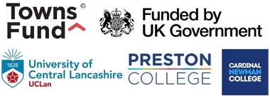 Towns Fund, Funded by Government, UCLan, Cardinal Newman College and Preston College logos