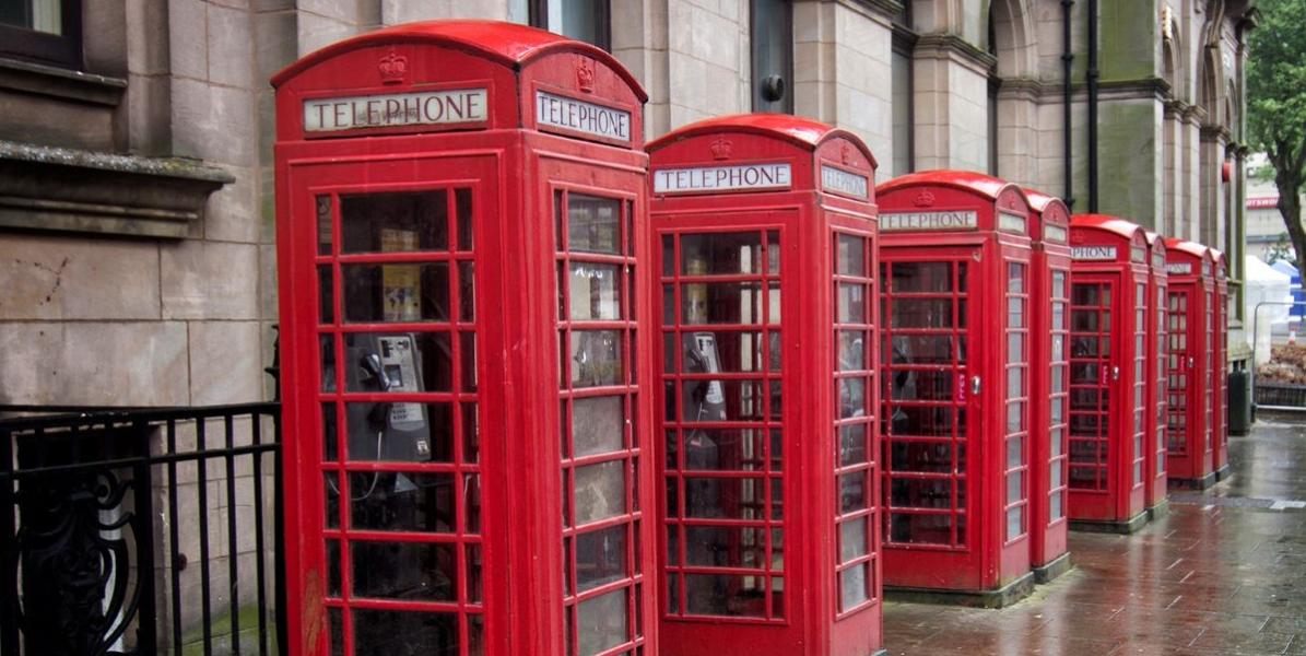 Red telephone boxes on Preston Flag Market