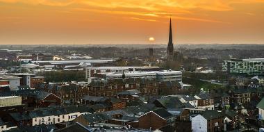 Aerial view of Preston at sunset